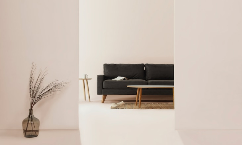 Image of a room with a sofa on the back and a pot of plant
